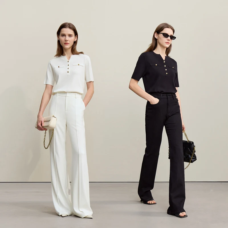 Women's Half-Placket Knit Sweater - Short Sleeve Pullover Top