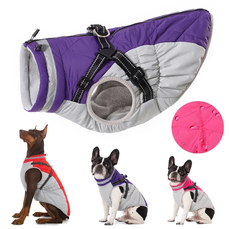 Chaqueta impermeable con arnés para mascotas, ropa cálida de invierno para perros pequeños y grandes, abrigo de Labrador, Chihuahua, trajes de