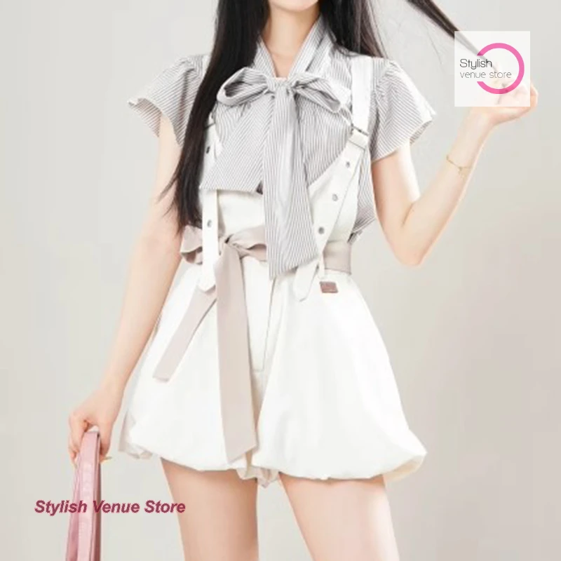 

Japanese literature retro temperament casual bow striped shirt female summer fashion bud bib with two piece sets womens outifits