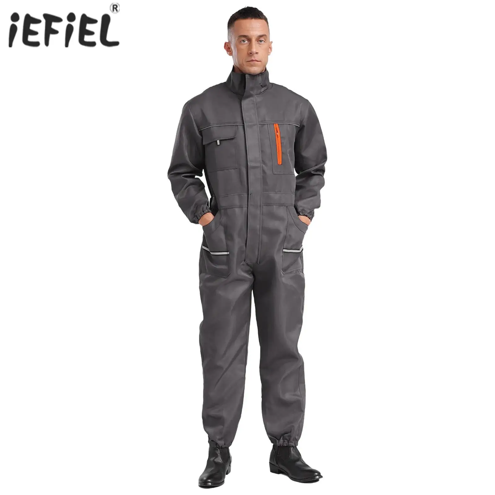 

Mens Work Jumpsuits Overalls Reflective Stripes Coveralls Stand Collar Long Sleeve Factory Workshop Work Clothes with Pockets