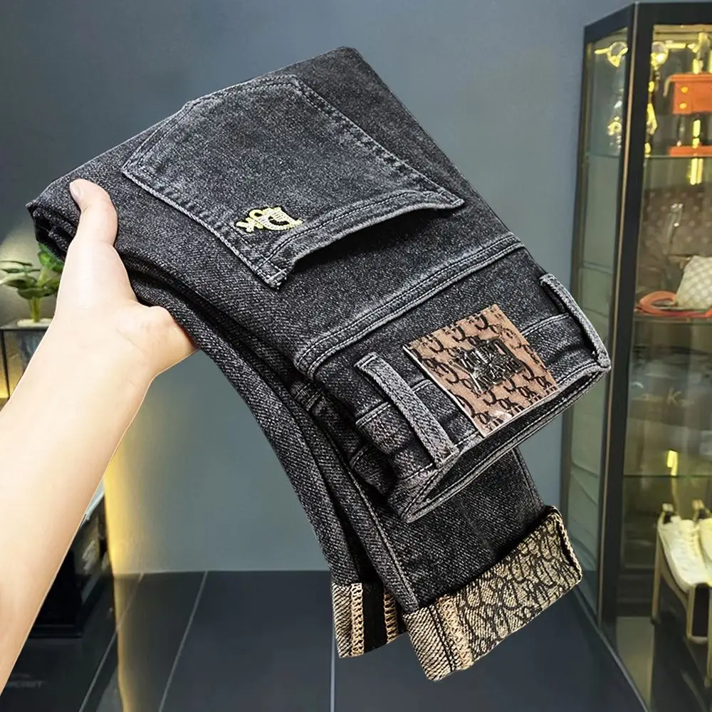 الجينز الرجال الخريف/الشتاء الراقية العصرية العلامة التجارية التطريز مايكرو فضفاضة تناسب عادية تمتد تنوعا السراويل الرجال الجينز السراويل
