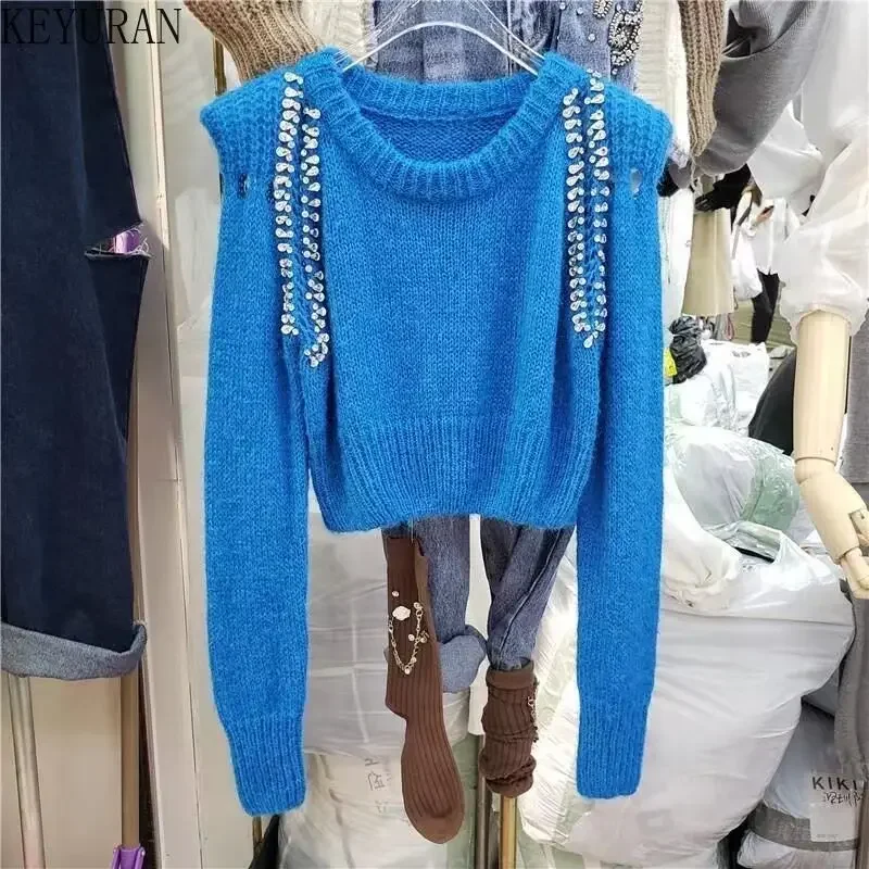 Fashion Women Shoulder Padded Rhinestone Beaded Solid Color Cropped Sweater 2024 Autumn Lady New Long Sleeve Loose Knitted Top