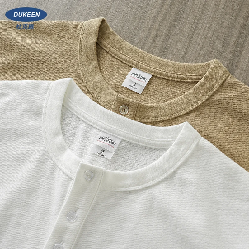 Dukeen 320g Heavyweight Henley Shirt for Men Short Sleeved Summer 100% Cotton Oversized White T Shirt Man Clothing