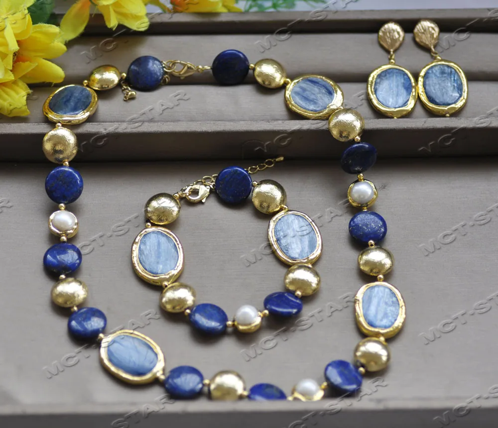 MTC·STAR  Z12642 Set Blue Lapis lazuli Crystal Coin White Pearl Necklace Bracelet Earring