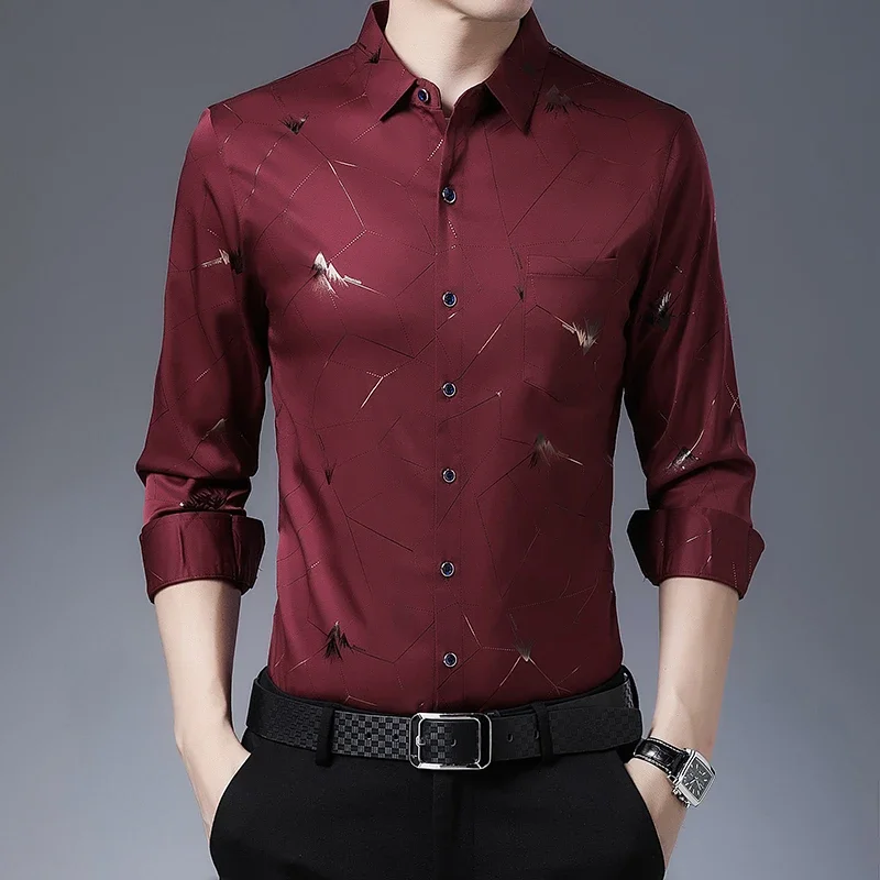 New Men\'s Casual Printed Long Sleeved Lapel Shirt for Spring and Autumn Fashion Comfortable Wrinkle Free Top Without Ironing