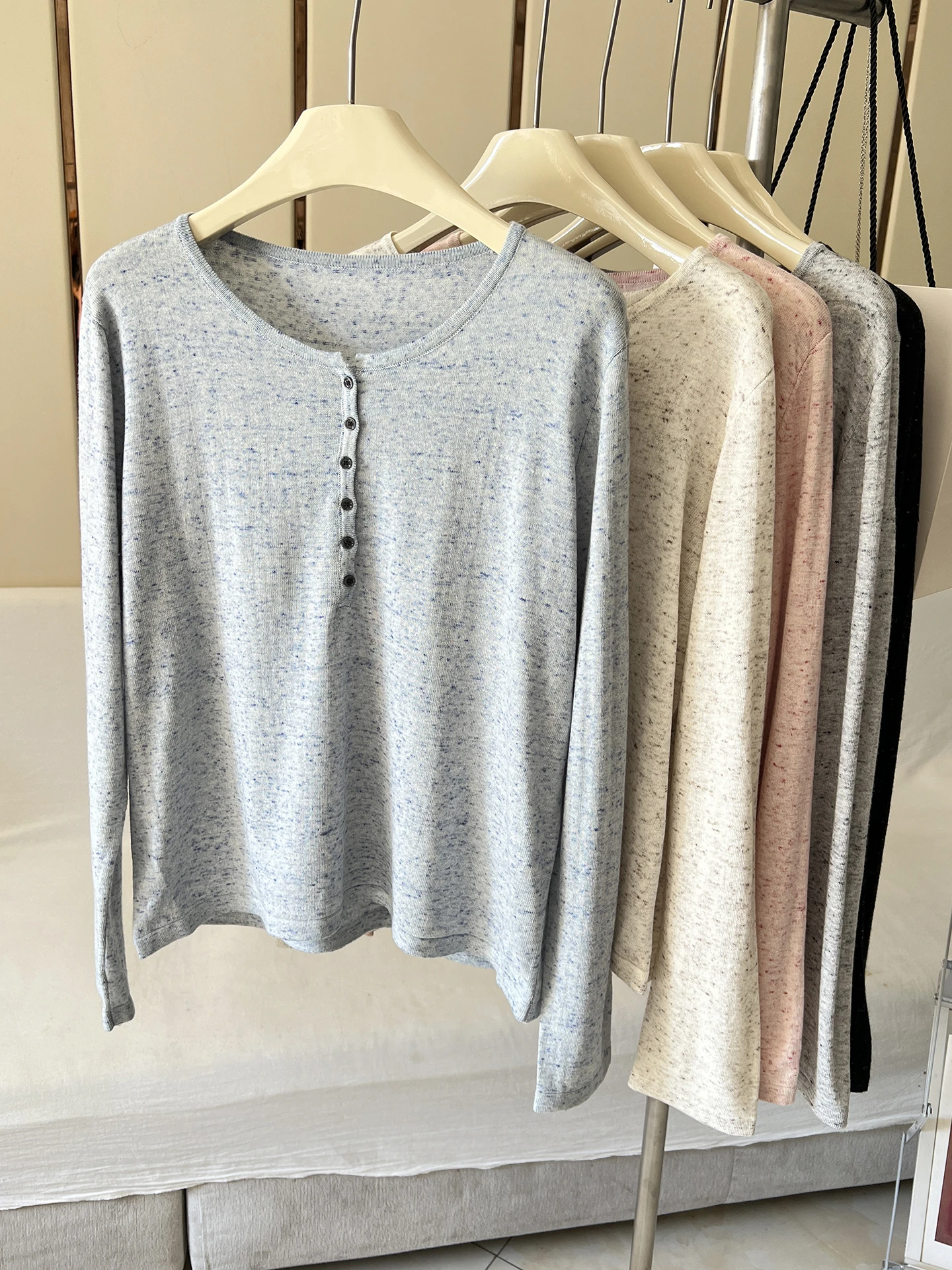 

Autumn Linen Wool Blend Variegated Crew Neck Pullover Knit Sweater For Women, Thin Long Sleeve T-shirt, Loose Fit Top