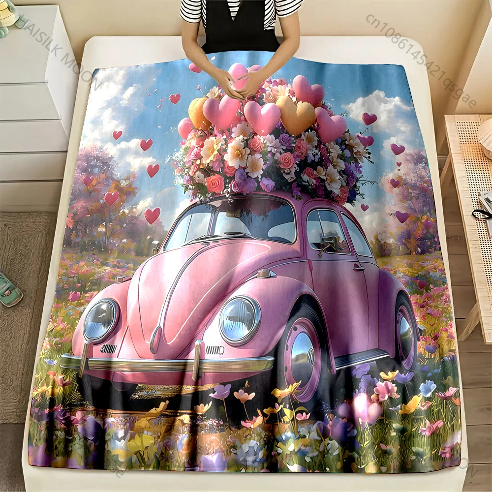 1PC Hearts and Floral Bouquet Car Pattern Blanket Flannel Material Soft Warm for All Seasons, Home Outdoor Camping Picnics RV