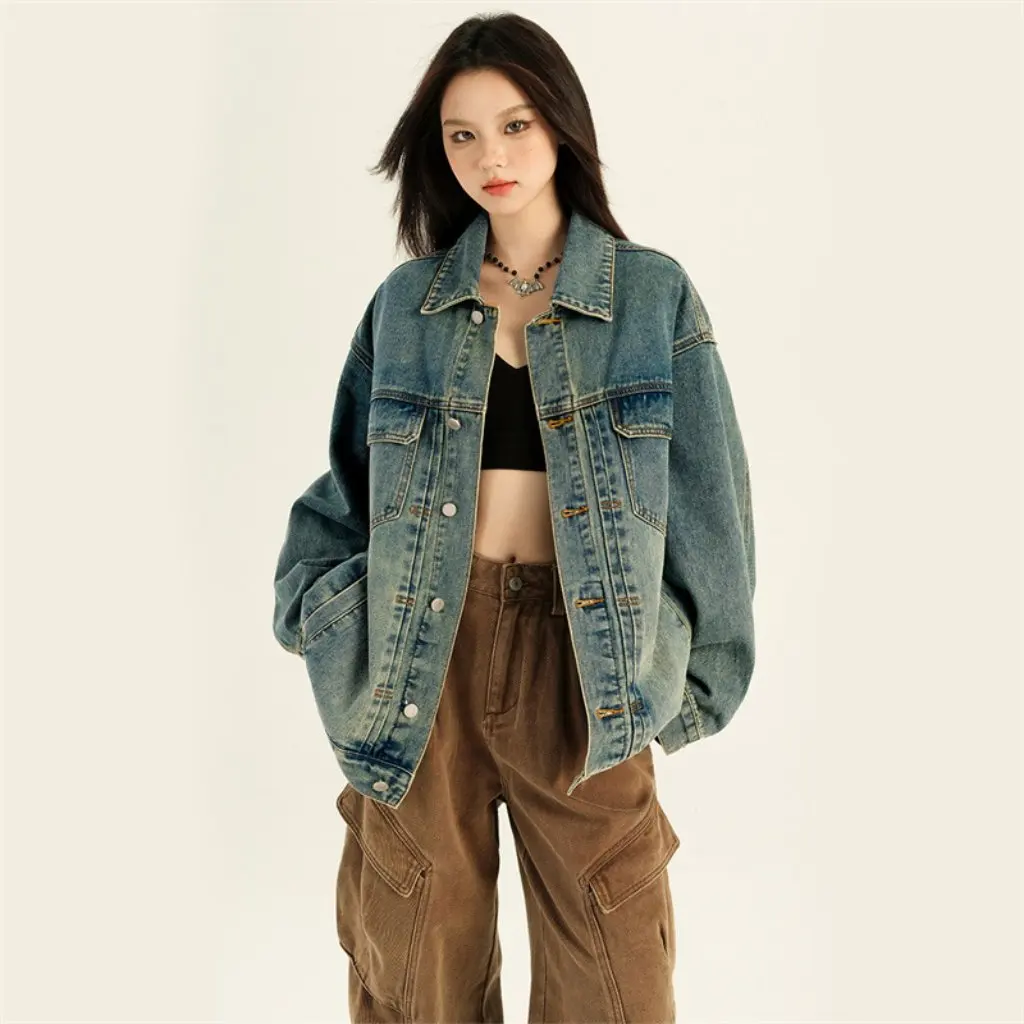 

Women's American Denim Jacket Off-Shoulder Loose Fit Casual Chic Versatile Spring Fall New Retro Style Top