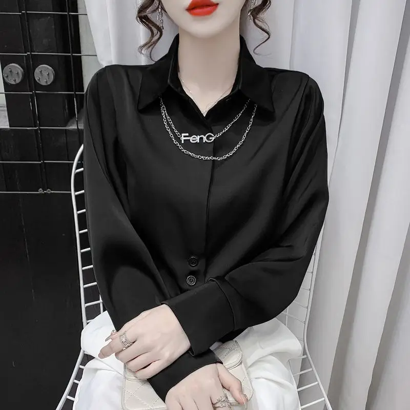 Western Style Chain Splicing Collar Chiffon Shirt Women's Early Spring New Style Temperament Versatile Short Slim Fit Top