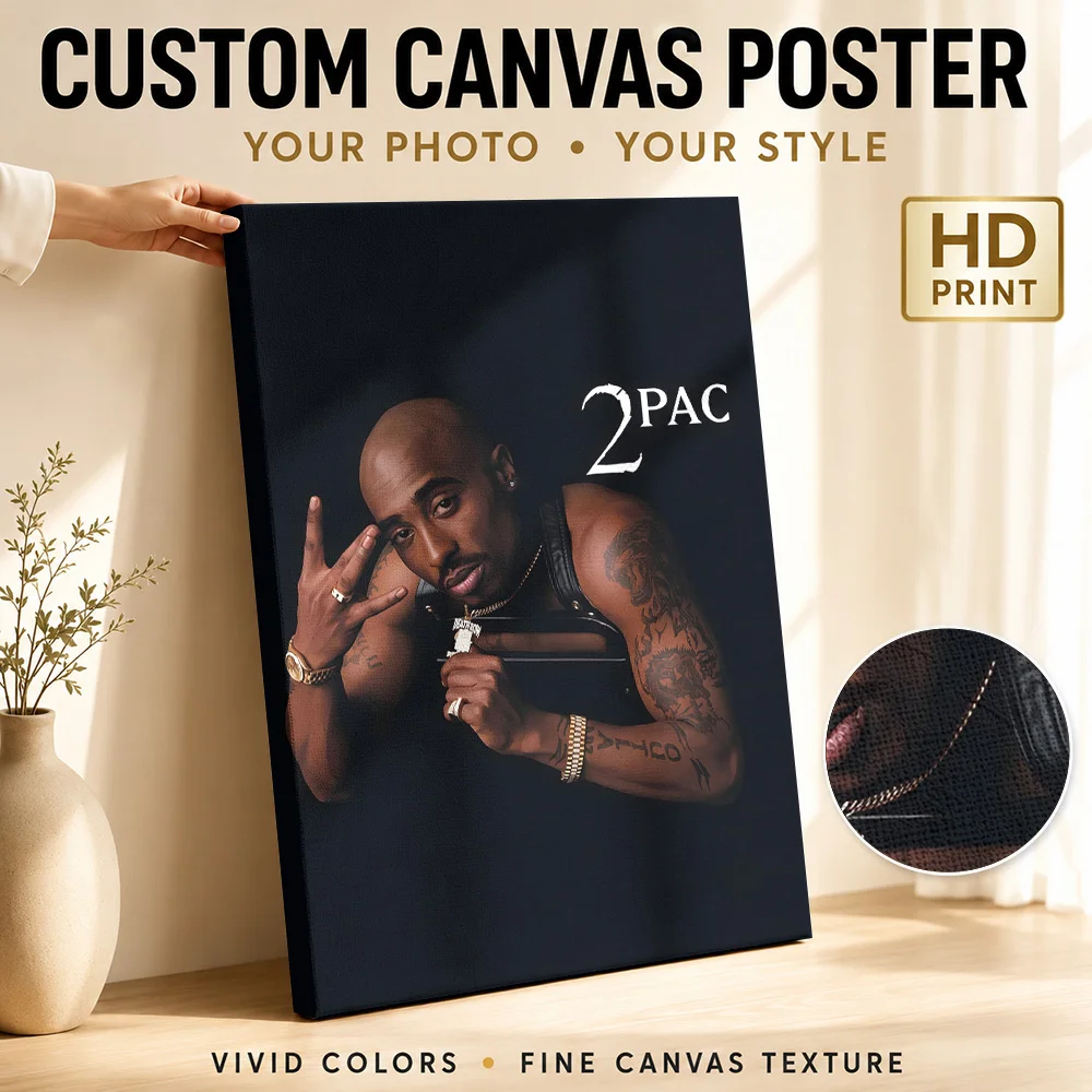 2Pac Tupac Shakur Portrait Canvas Painting Poster Customized Photo Retro Music Wall Art for Studio Bedroom Decor Ready to Hang