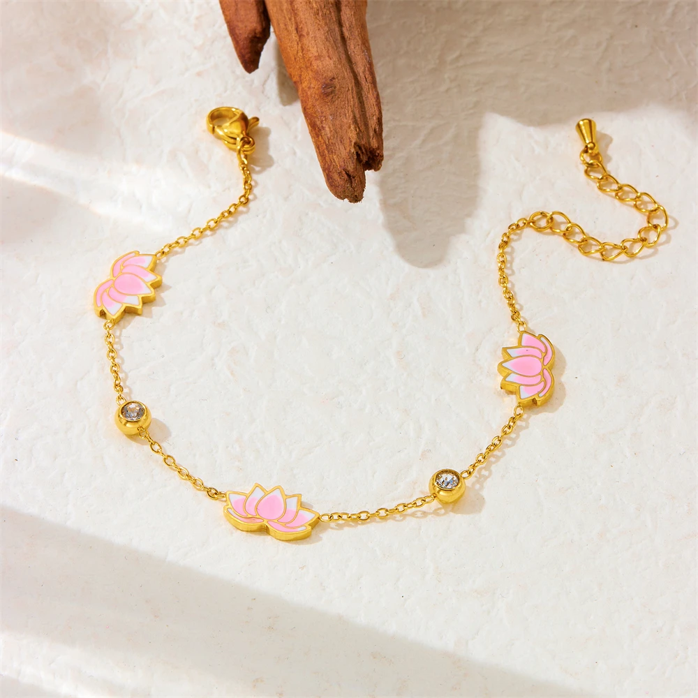 DIEYURO 316L Stainless SteellPink Lotus Round Zircon Flower Pendant Bracelet For Women New Trend Fashion Hand Chain Jewelry Gift