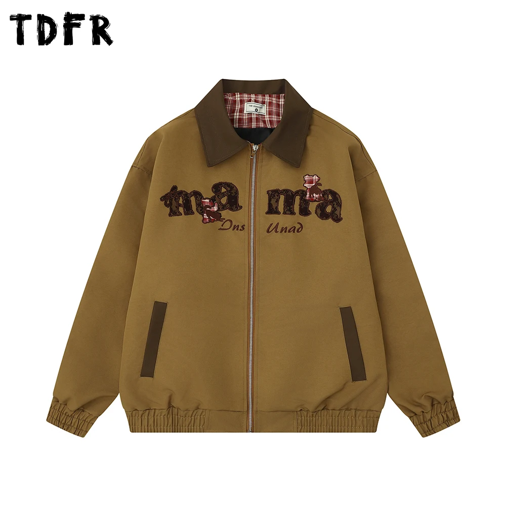 

Letter Patch Embroidery Cargo Jacket Mens Autumn Retro Casual Spliced Lapel Long Sleeve Outerwear Man
