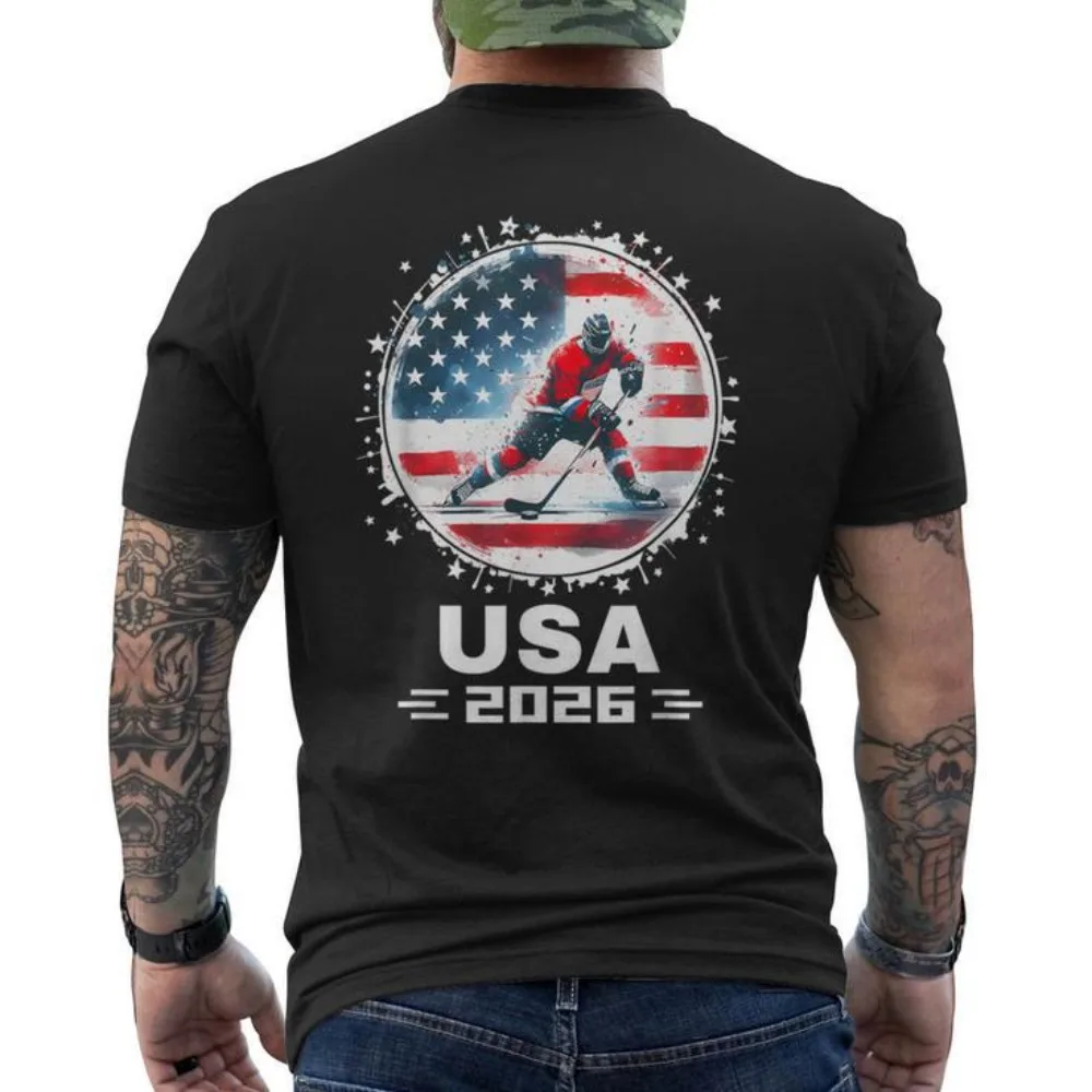 

Usa Team 2026 United States American Flag Hockey Usa 100% Cotton Men's T-shirt Back Print Men's Casual Cotton Oversized T-shirt