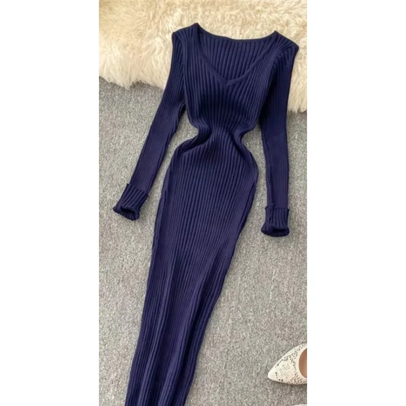 Women V Neck Ribbed Knit Maxi Dress Long Sleeve Elastic Bodycon Autumn Winter Warm Sweater Dress