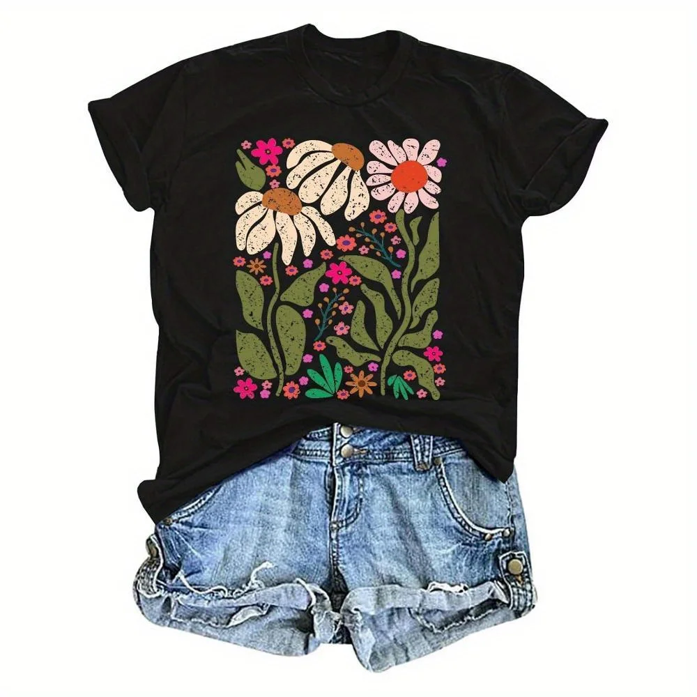 

Women's Floral Wildflower T-Shirt,100% Crew Neck Tee,Vintage Boho Botanical Garden Print Top,Casual All-Season Knit Fabric Shirt