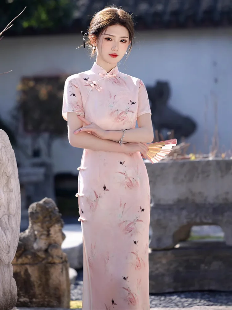

2025 Spring/Summer New Long Satin Cheongsam Chinese Style New Chinese Pink Girls' Cheongsam Summer Qipao