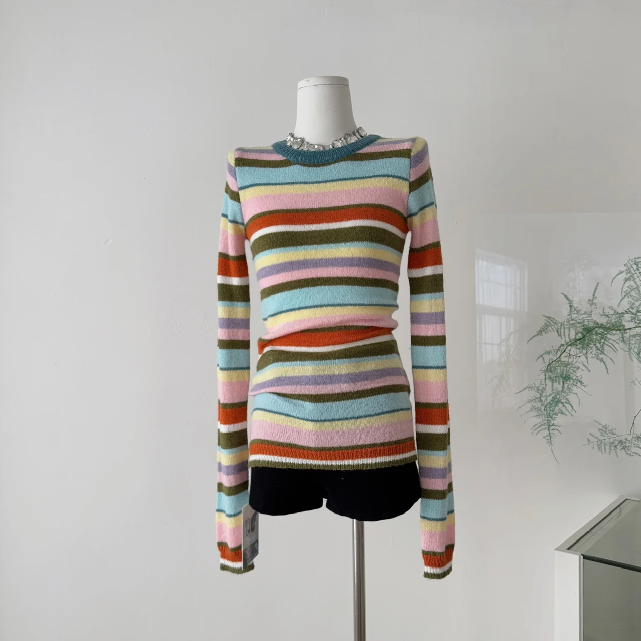 

Autumn Winter Fashionable Versatile Slimming Women's Long Sleeve Crew Neck Striped Knitwear Tops Soft Casual Sweater C235