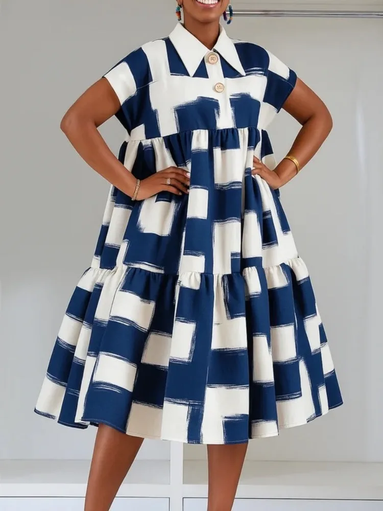 Yeezzi المرأة منقوشة التباين اللون مطوي التلبيب ألف خط فستان قصير الأكمام عالية الخصر فضفاض مكتب فساتين متوسطة الطول عادية 2025 #2