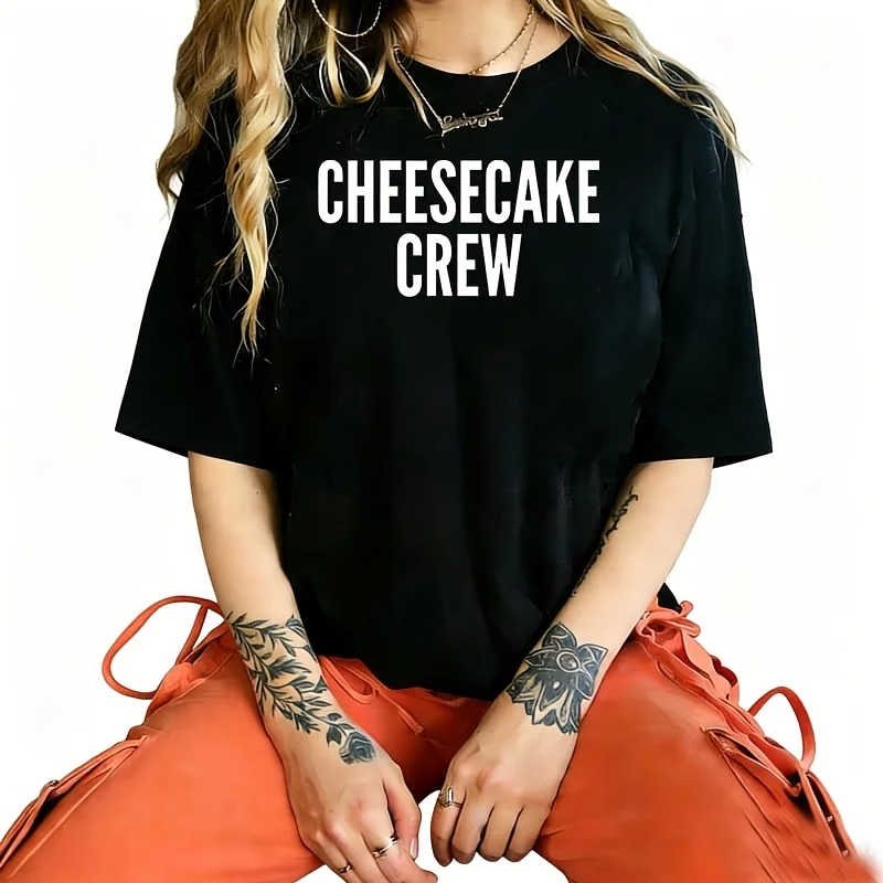 Cheesecake Crew Fun Dessert Lover Meme Saying Women's T-Shirt 100% Cotton Funny Graphic Short Sleeve Tee Novelty Shirt Casual Crew Neck Top S-5Xl