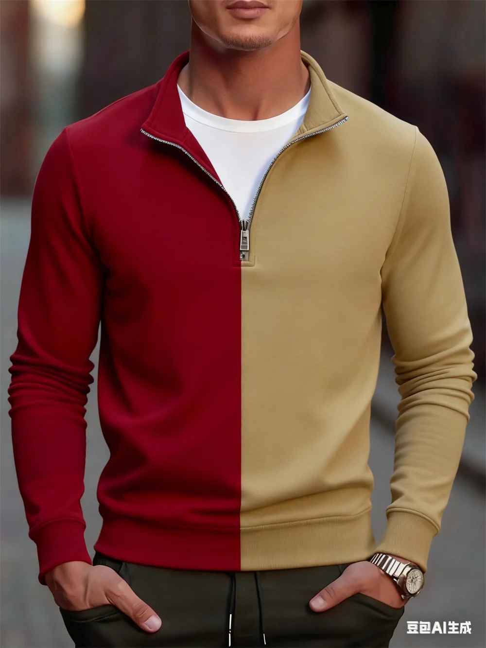 موضة كتلة الألوان الجرافيك سستة بلوزات الرجال فضفاضة عادية نصف البريدي طوق البلوفرات الخريف الشتاء ملابس الشارع في الهواء الطلق