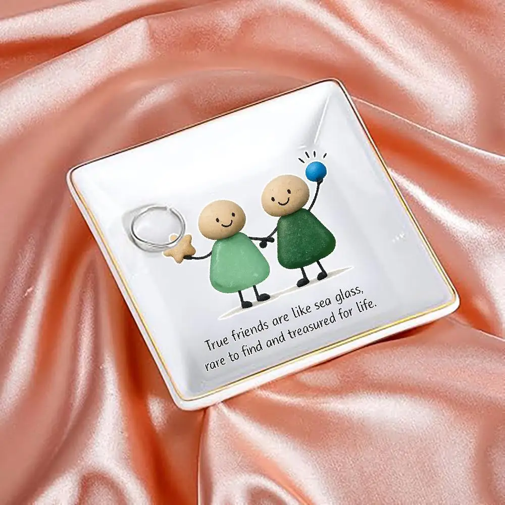 Jewelry Tray Sea Glass Friendship Figures Square Ceramic Jewelry Dish, Minimalist -Rimmed Decorative Catchall Tray, for Storing