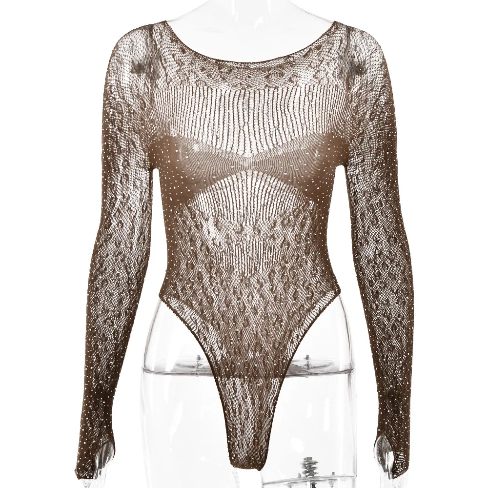 Damen Slim Fit Transparenter Langarm-Romper, Glänzender Strass-T-Shirt-Bodysuit, Party-Club-Overall mit Ausschnitten – Detail 5