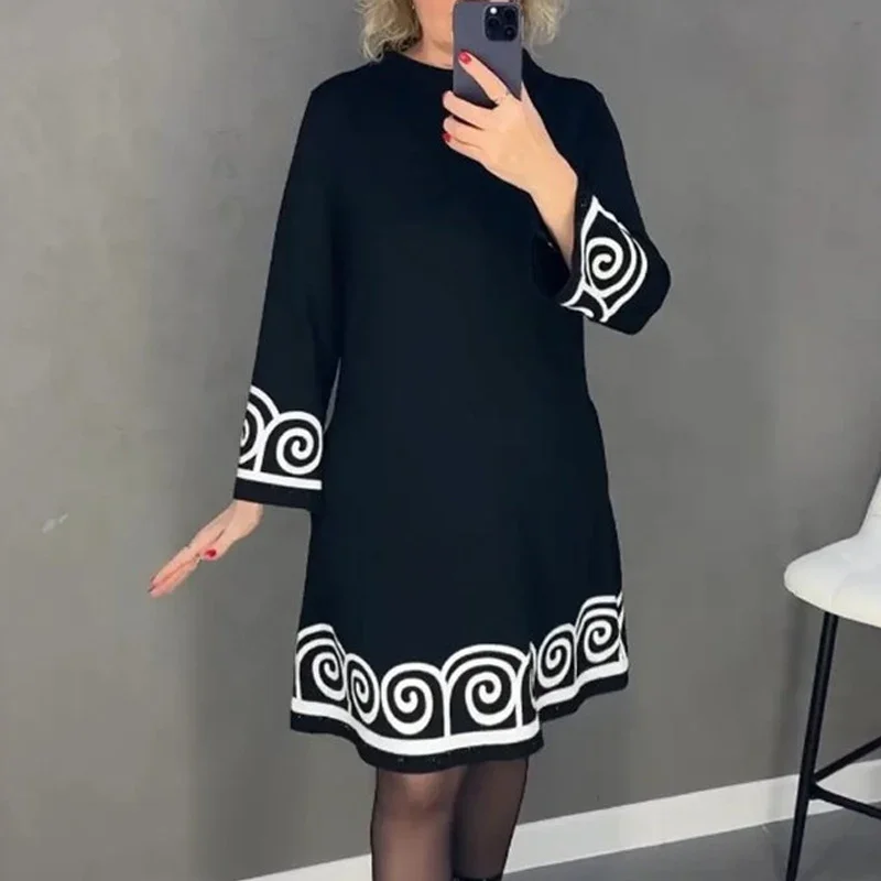 

Casual Abstract Pattern Print O Neck Fashion Dress Female Flare Long Sleeve A-Line Dresses Commmuting Women Loose Pullover Dress