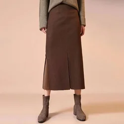 2025 Women's Fall/winter Mid-length Woolen Skirt with Hip Skirt Stitching Split Pleated Skirt Women,68.9% Wool+31.1% Polyester