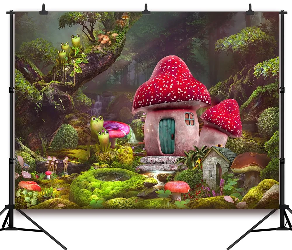 Spring Enchanted Fairytale Forest Backdrop for Photography Frog Mushroom Wonderland Photo Background for Newborn Baby Shower