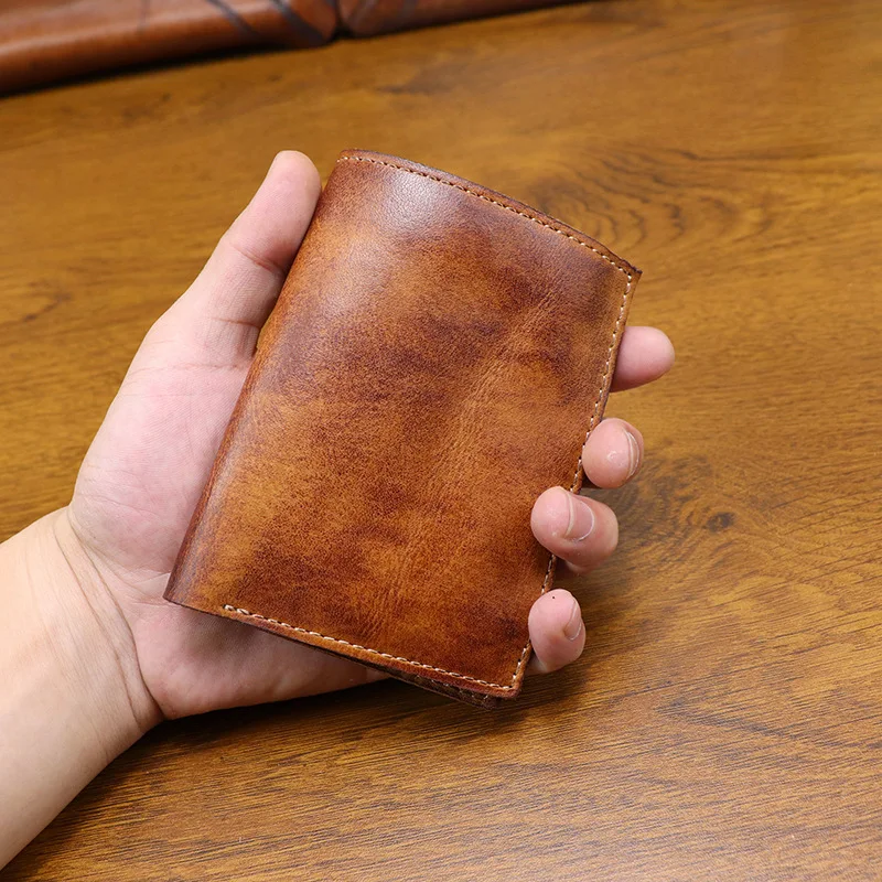 Multi-Color Retro Men's Short Wallet Handmade Distressed Vegetable Tanned Leather Multi-Card Slots Cowhide Leather Cash Holder