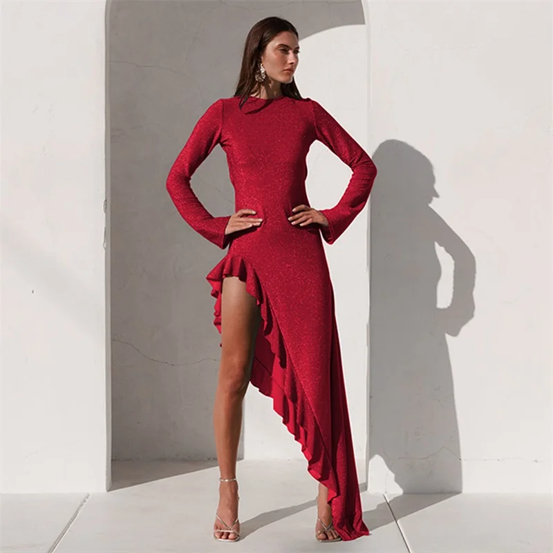 

O-Neck Pleated Women's Prom Dress High Split Flounce Evening Dress Red Green Backless Long Sleeve Party Gown New Design In Stock