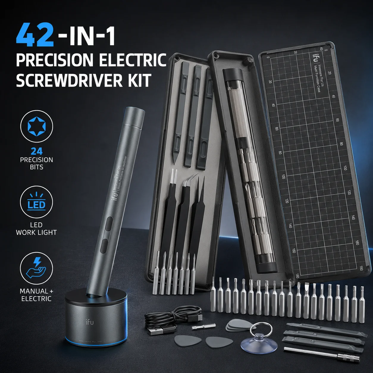 IFu 42-in-1 Precision Electric Screwdriver Kit, 24 Bits, LED Light, USB Rechargeable Repair Tool Set