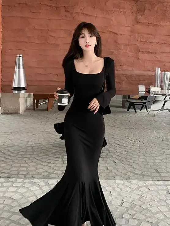 مزاجه الراقية سليم صالح خطوة بخطوة لوتس تنورة طويلة ساحة طوق بأكمام طويلة ذيل السمكة ملفوفة الورك فستان مع المؤنث