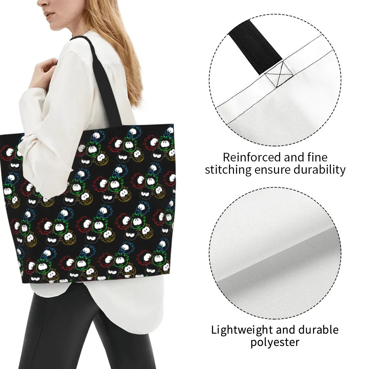 Club Penguin Puffle Group Shopping Tote Bag Canvas Large Capacity Shoulder Bags Shopper Grocery Handbag for Women