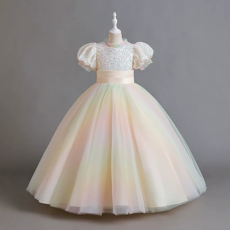 Girls Sequin Princess Dresses Children Puff Sleeves Long Dress Fashion Puffy Dress Performances Birthday Party Gown Ball 5-14Y