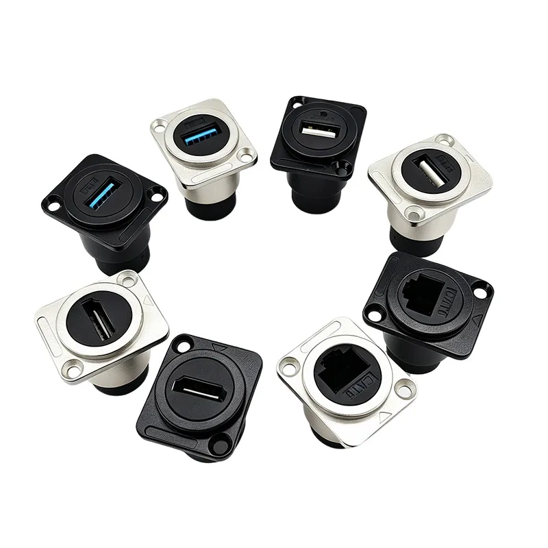 10PCS D-Type USB 2.0/3.0 HDMI RJ45 Connectors CAT6 Female to Female Metal RJ45 Socket Panel Mounting Black/Silvery