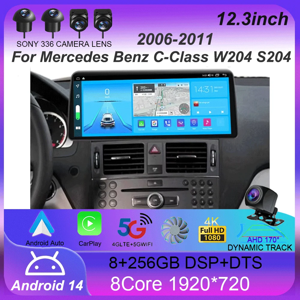 12.3Inch For Mercedes Benz C-Class W204 S204 2006-2011 Android 14 Car Stereo Multimedia Video Player Head Unit Carplay Auto DSP