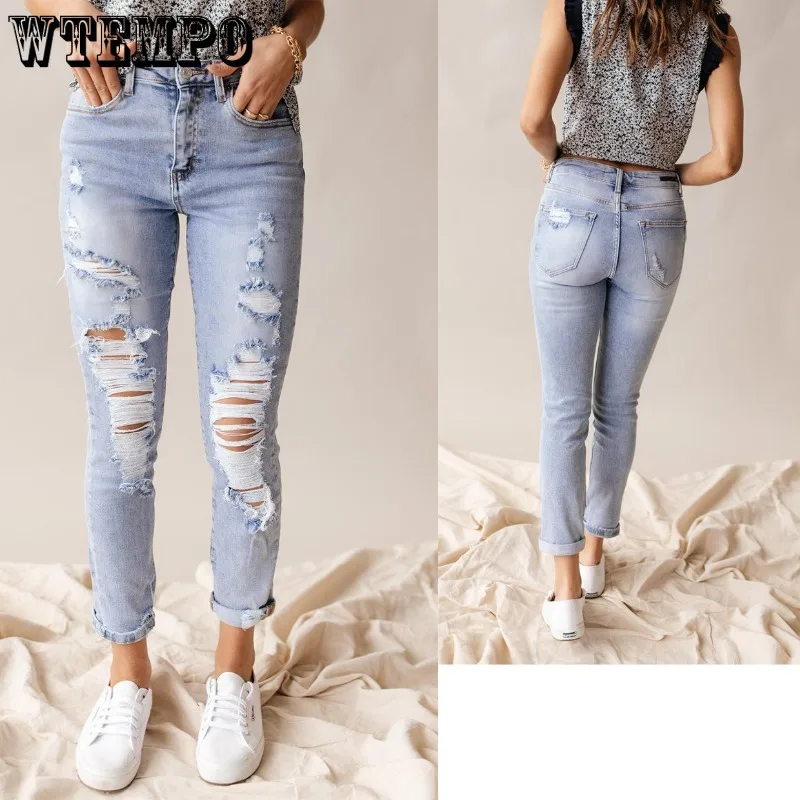 WTEMPO Women's Cropped Broken Hole Jeans Washed Jean Pants Capris Comfortable Denim Trousers Sexy Fashion Y2k Pencil Pants