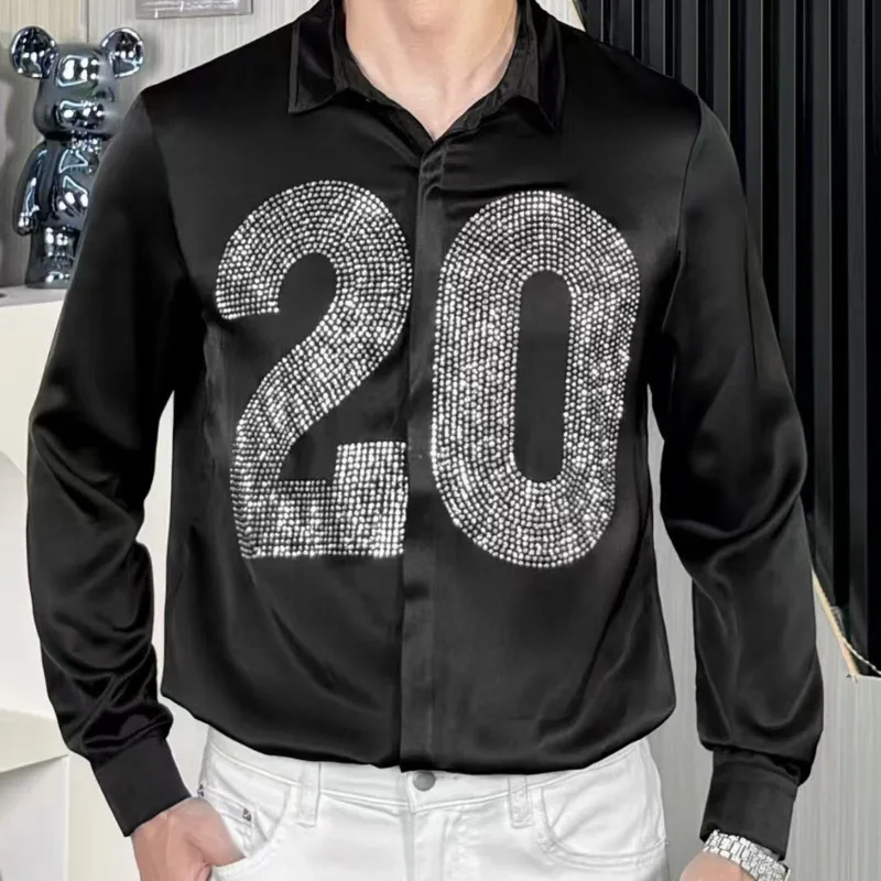 

Уличная одежда, черно-белая рубашка со стразами, деловая деловая классическая рубашка для социальных клубов, мужская роскошная рубашка, мужская рубашка Camisa Hombre
