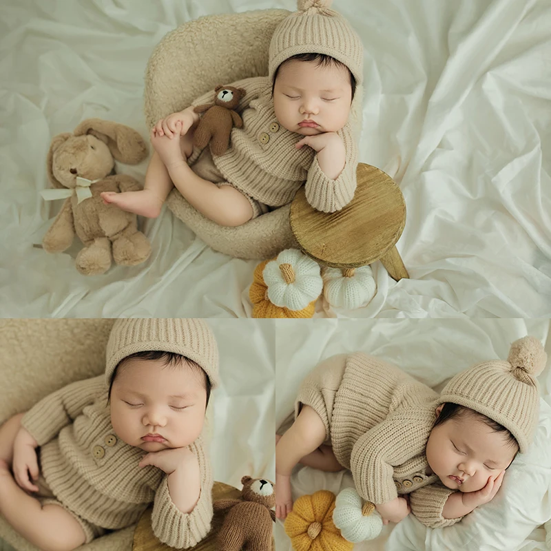 Knitted Newborn Photo Outfit Ball Hat Jumpsuit Set Rabbit Doll Pumpkin Shoot Decoration Round Table Props Baby Boy Girl Clothes