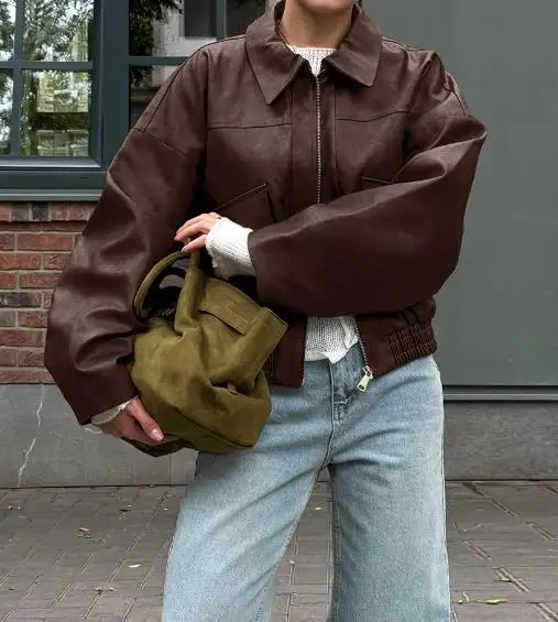 Women's Jacket 2025 Spring Autumn New Solid Color Pilot Jacket Retro Leather Turn-Down Collar Long Sleeve Casual Zipper Jacket