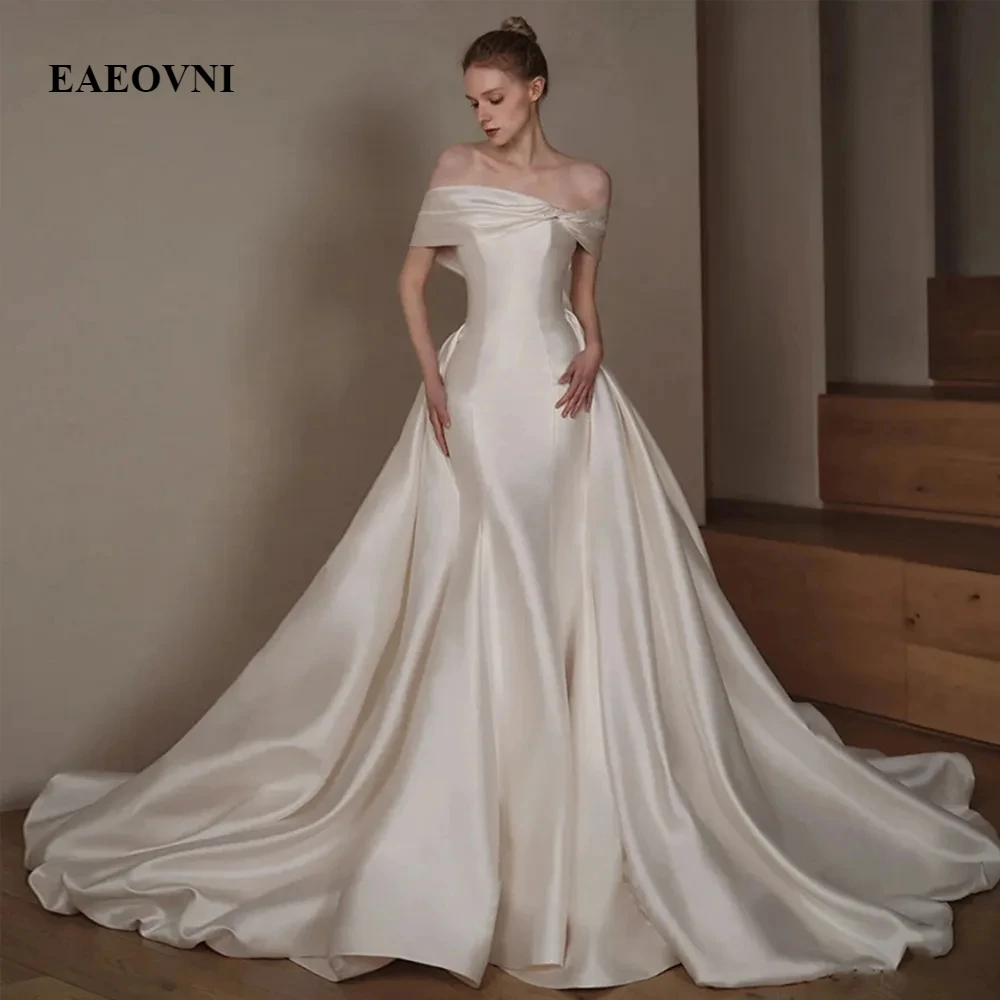 فستان زفاف حورية البحر من الساتان مكون من قطعتين مع ذيل قابل للانفصال قبالة الكتف فساتين زفاف أنيقة فساتين زفاف الأميرة