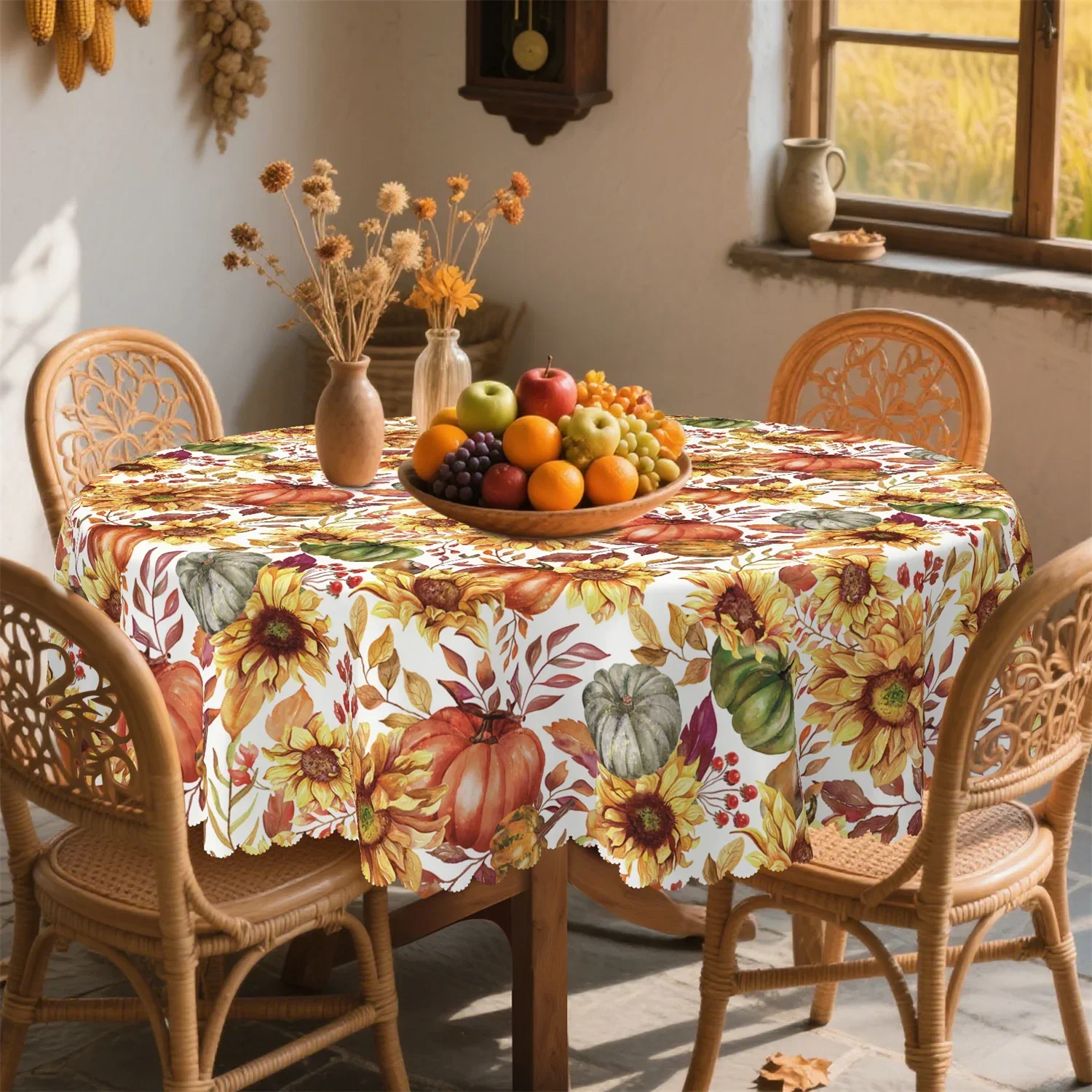 Harvest Pumpkin Golden Sunflower Fruit Tablecloth Washable Farmhouse Style Autumn Thanksgiving Partyxzj