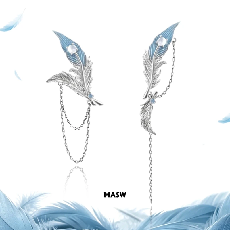 MASW Original Design Delicate Temperament Blue Feather Earrings For Women Fashion Accessories Pretty Ear Accessories