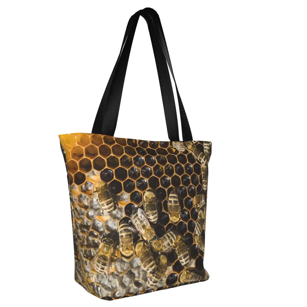 Custom Honeycomb With Bees Shopping Bag Women Canvas Shoulder Tote Bag Portable Cute Honey Bumblebee Grocery Shopper Bags