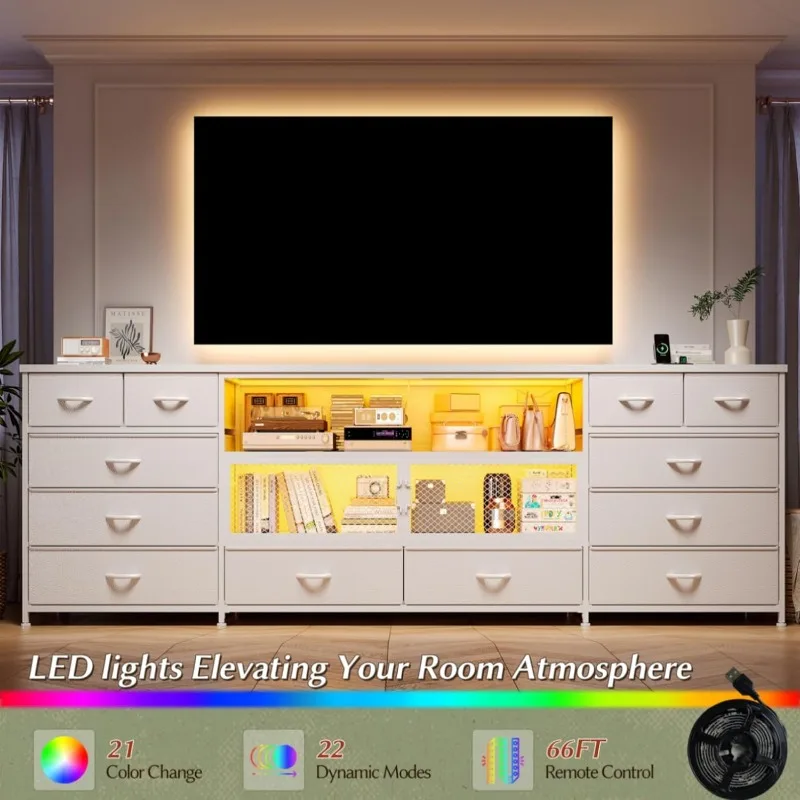 Soporte para TV de 71 pulgadas de ancho para dormitorio para TV de 85/80/75 pulgadas con LED y estación de carga, cómoda larga y resistente con 12 cajones de tela y