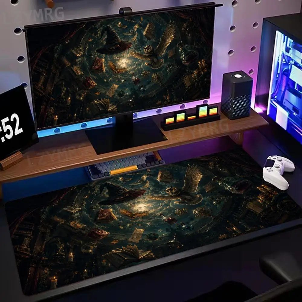 Dark Fantasy Magic Library Large Desk Mat Wizard Hat Owl Potion Bottle Art Mousepad Decor Keyboard Pad for PC Laptop Game Office