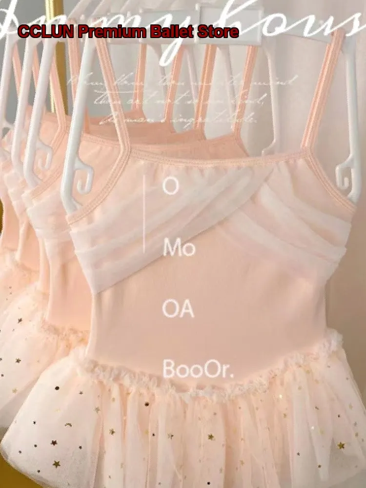 Children's Girls Dance Dress Spaghetti Strap One-Piece Dress Art Exam Basic Gymnastics Four-Layer Tulle Performance Kids