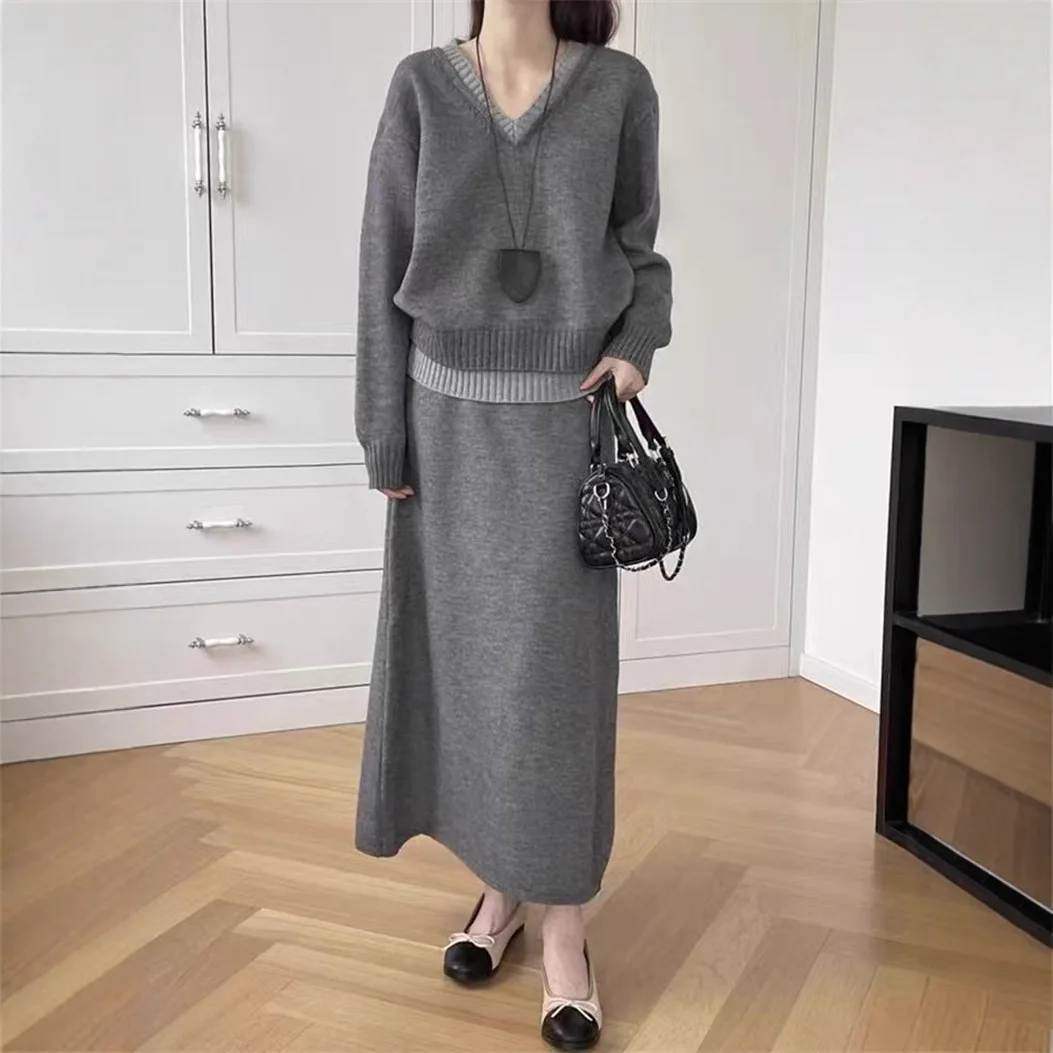 

Loose Knitted Women's Set Autumn/Winter New Korean Style Top+Reduced Age Skirt Two Piece Set