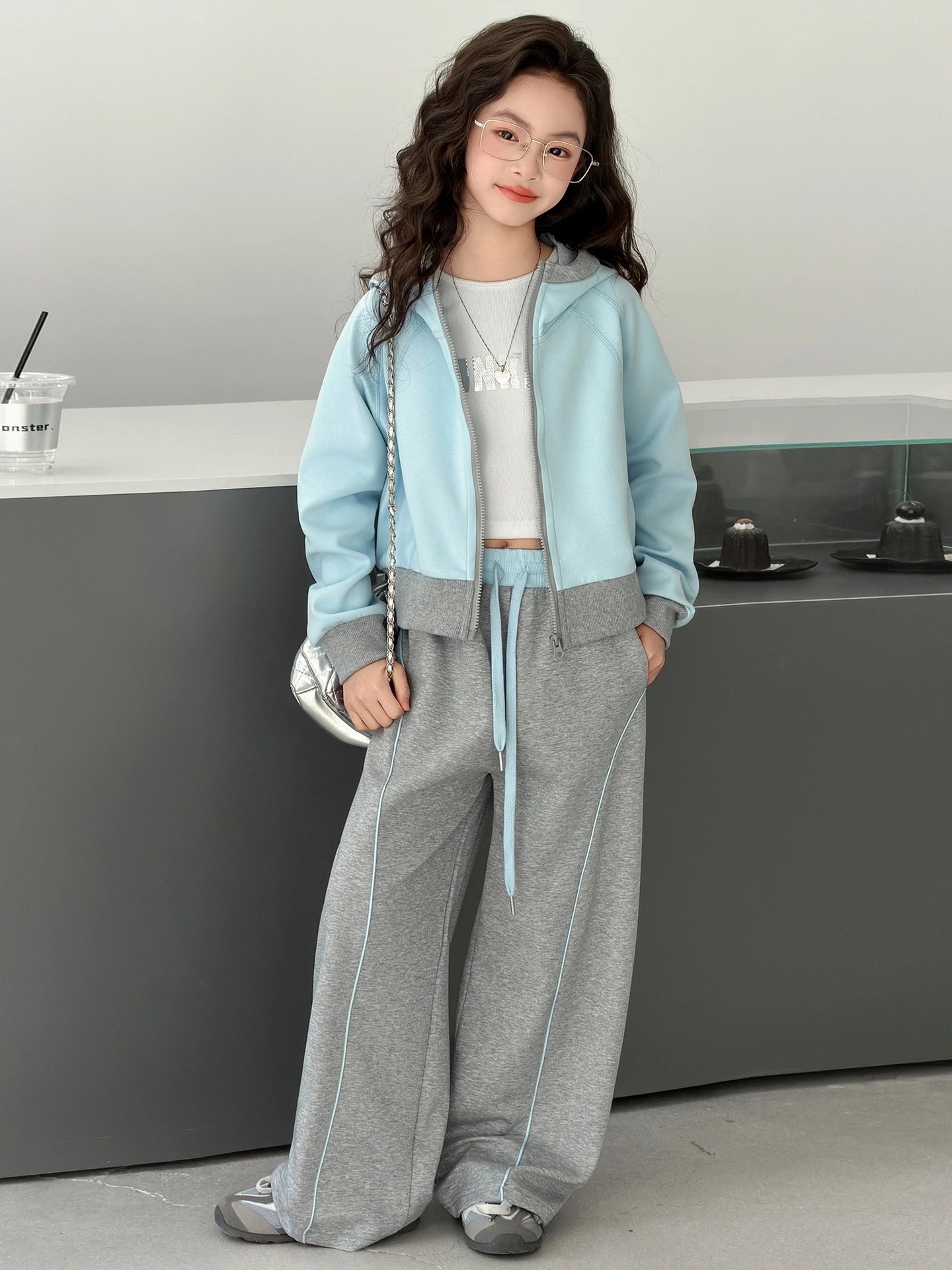 

Spring Casual Children's Fashion Two-Piece Set Girls' Wide Leg Pants Cardigan High Waist Cotton Long Sleeve Zipper Loose Fit